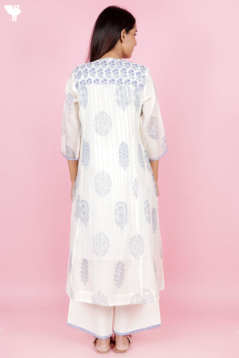 Chanderi SilkKurta Pant Set With Dupatta Block Print