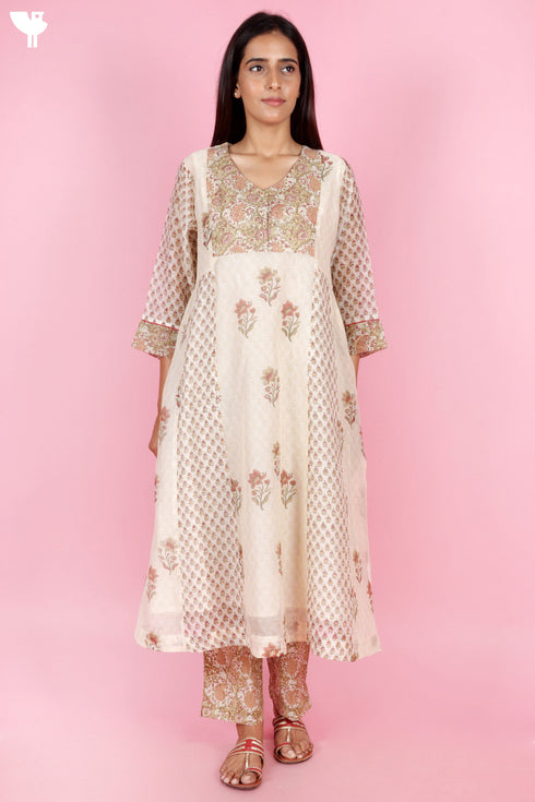 Chanderi Silk Kurta Pant Set With Dupatta Block Print