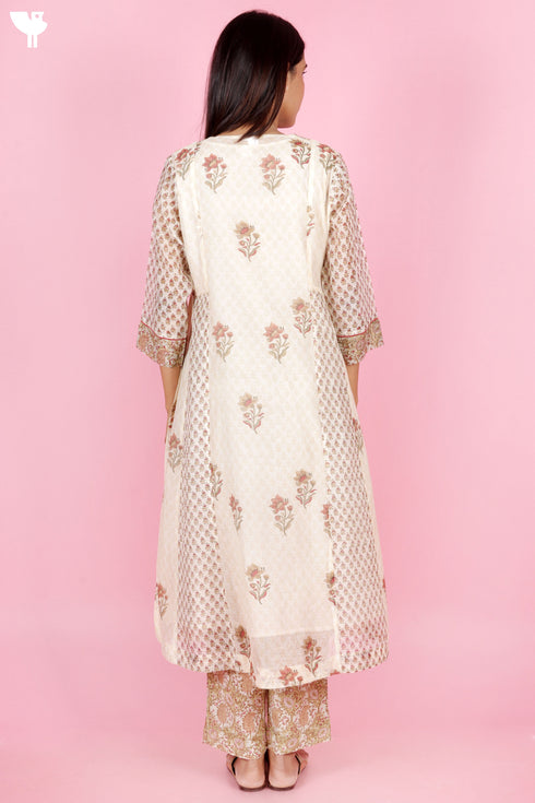 Chanderi Silk Kurta Pant Set With Dupatta Block Print