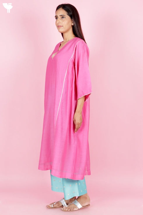 Chanderi Silk Kurta And Pant Set With Gold Block Print