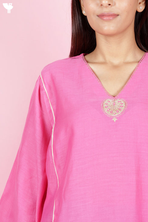 Chanderi Silk Kurta And Pant Set With Gold Block Print