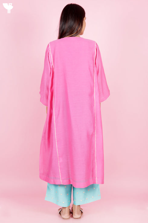 Chanderi Silk Kurta And Pant Set With Gold Block Print