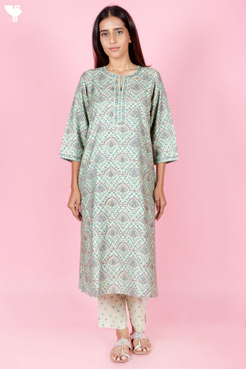 Tussar Cotton Kurta Pant And Dupatta Set In Floral Block Print