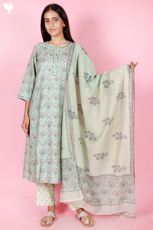 Tussar Cotton Kurta Pant And Dupatta Set In Floral Block Print