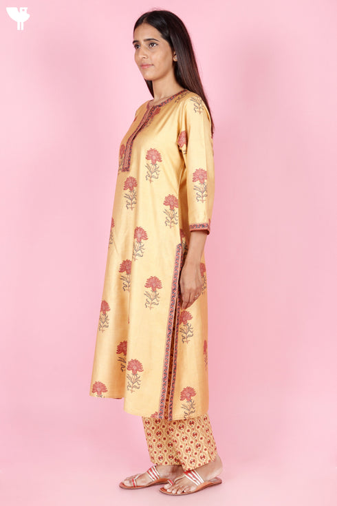 Tussar Cotton Kurta Pant And Dupatta Set In Floral Block Print