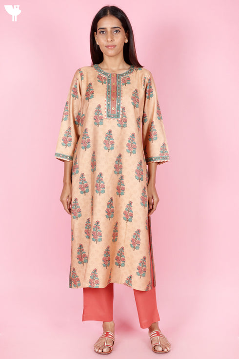 Tussar Cotton Kurta Pant And Dupatta Set In Floral Block Print