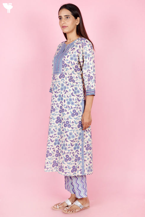 Terry Voile Kurta Pant And Kota Dupatta In Floral Block Print