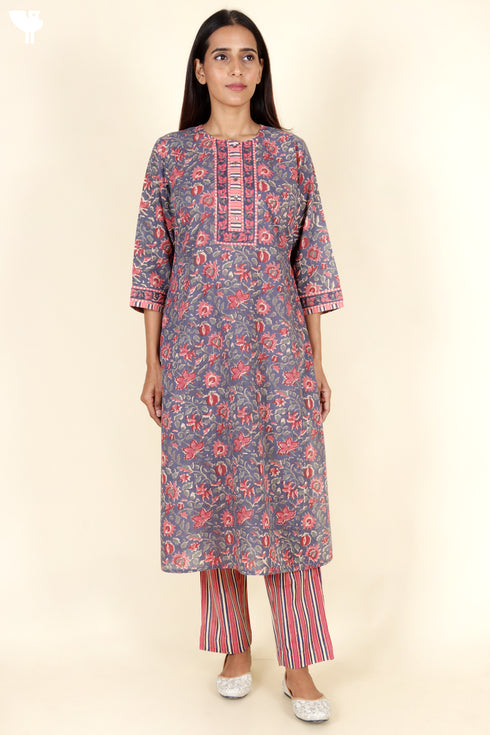Terry Voile Kurta Pant With Kota Dupatta In Floral Block Print
