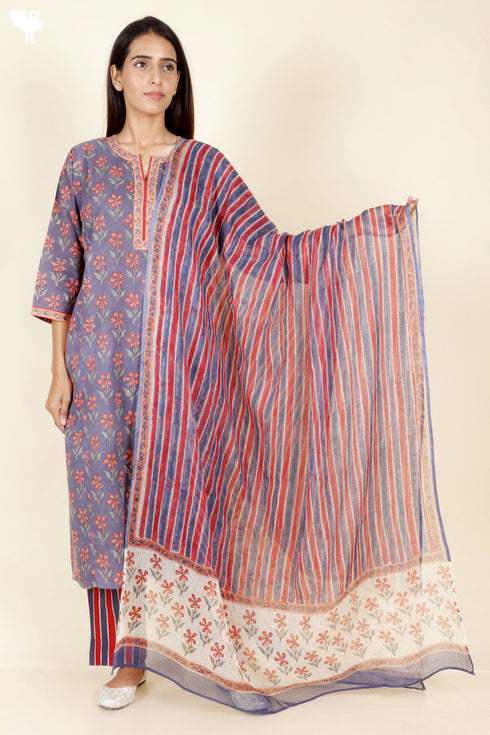 Terry Voile Kurta Pant With Kota Dupatta In Floral Block Print