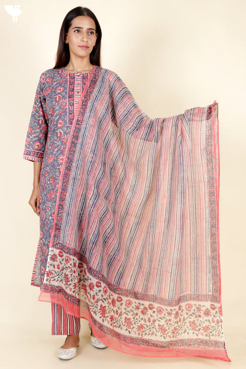 Terry Voile Kurta Pant With Kota Dupatta In Floral Block Print