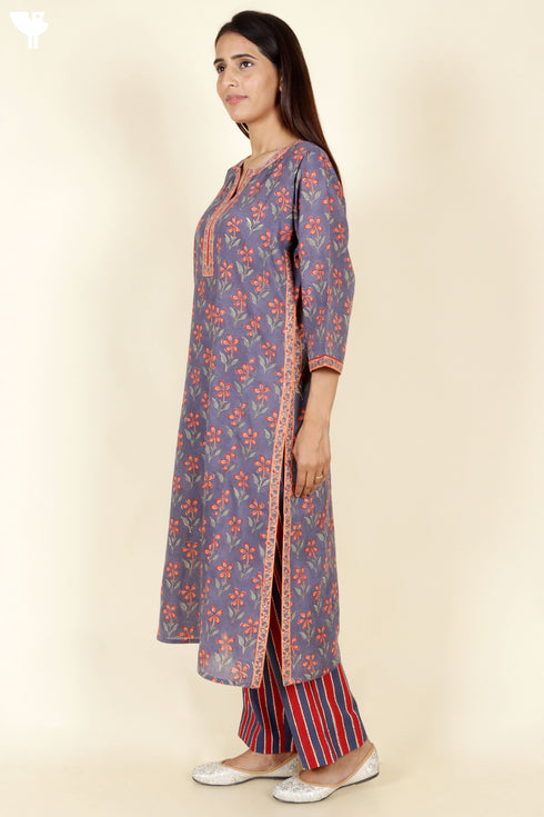 Terry Voile Kurta Pant With Kota Dupatta In Floral Block Print