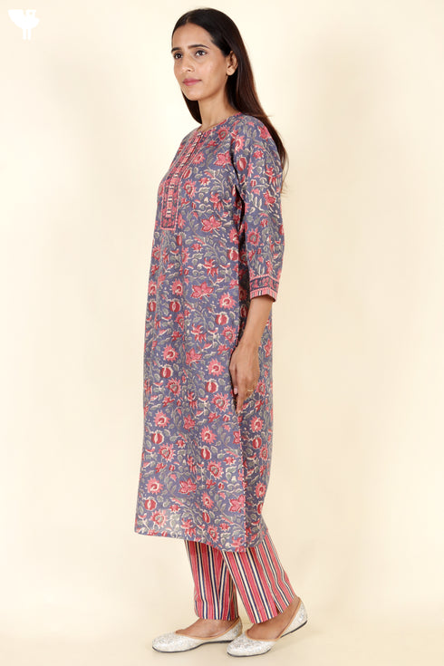 Terry Voile Kurta Pant With Kota Dupatta In Floral Block Print