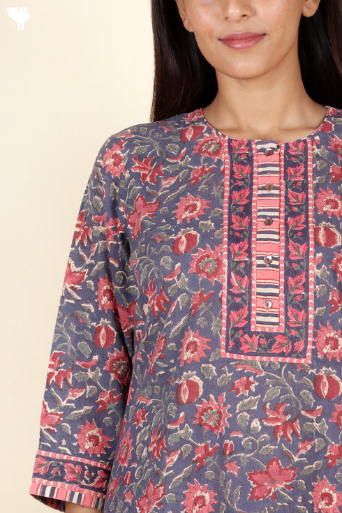 Terry Voile Kurta Pant With Kota Dupatta In Floral Block Print