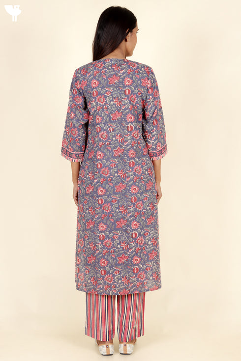 Terry Voile Kurta Pant With Kota Dupatta In Floral Block Print