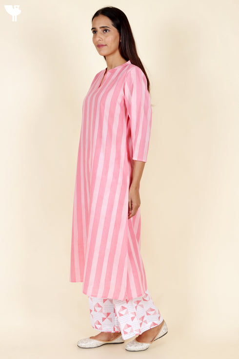 Terry Voile Kurta Pant With Kota Dupatta In Stripes Block Print