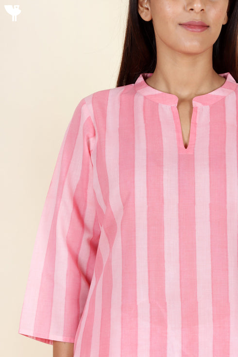 Terry Voile Kurta Pant With Kota Dupatta In Stripes Block Print