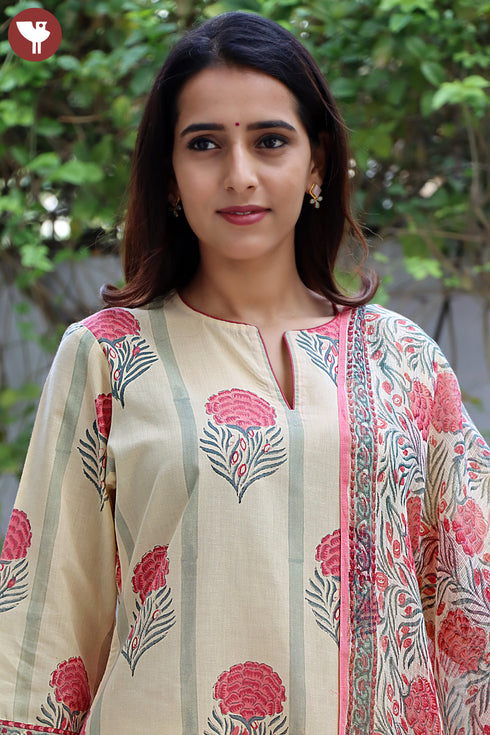 Terry Voile Kurta Pant With Dupatta In Floral Block Print
