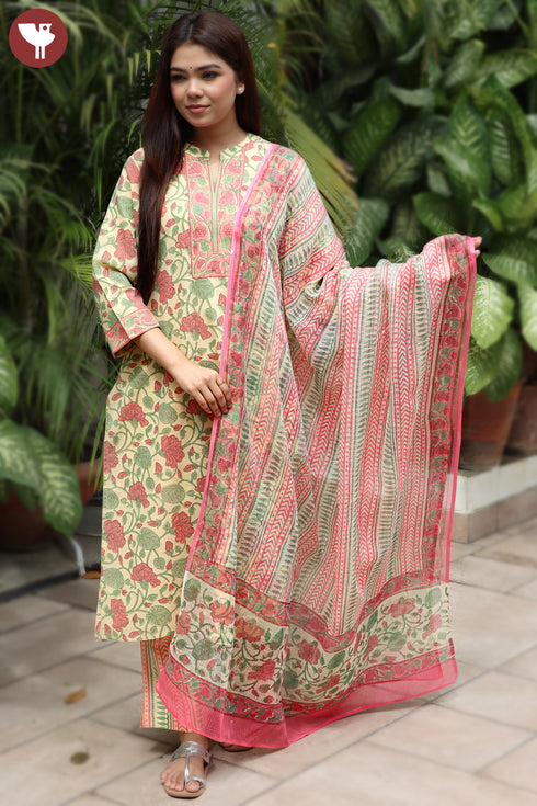 Terry Voile Kurta Pant With Dupatta In Floral Block Print