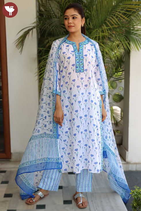 Terry Voile Kurta Pant With Dupatta In Block Print
