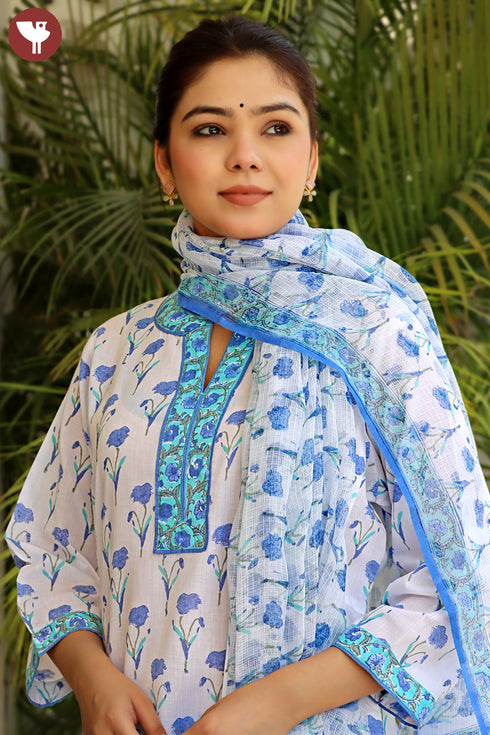 Terry Voile Kurta Pant With Dupatta In Block Print