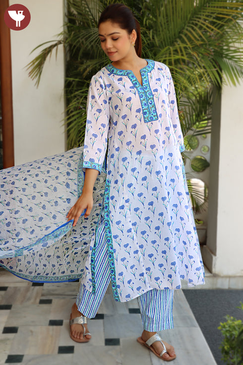 Terry Voile Kurta Pant With Dupatta In Block Print
