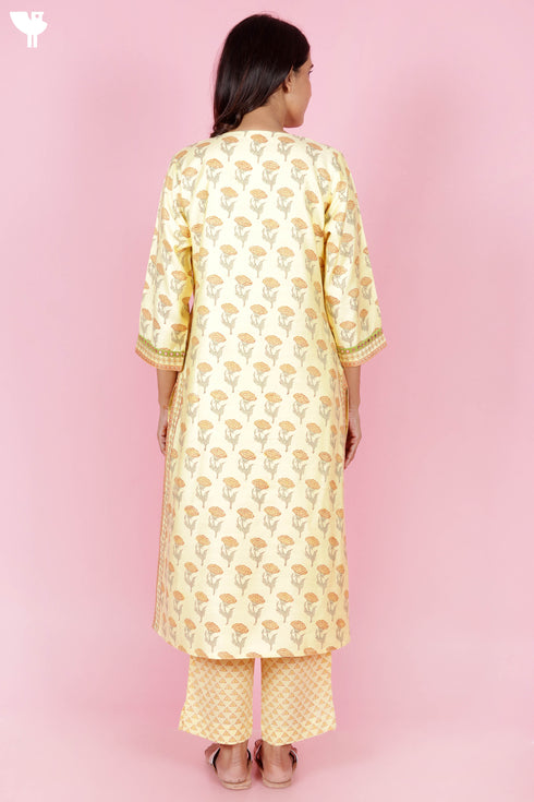 Tussar Cotton Kurta Pant And Dupatta Set In Floral Block Print