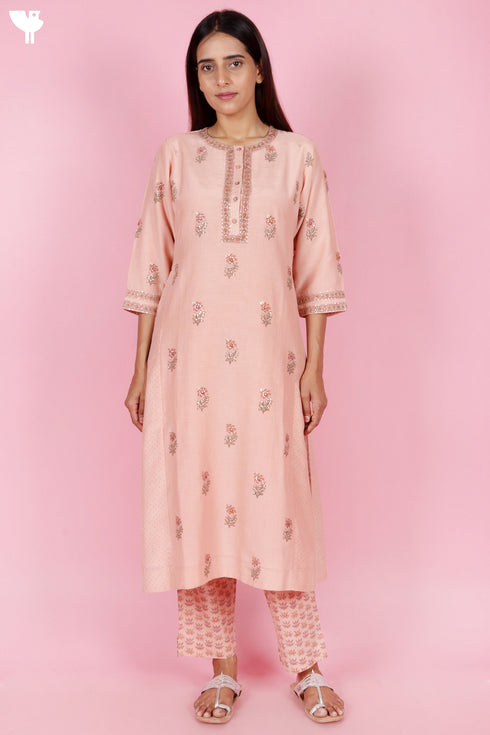 Cotton Silk Kurta Dupatta With Pant In Block Print