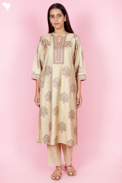 Tussar Cotton Kurta Pant And Dupatta Set In Block Print