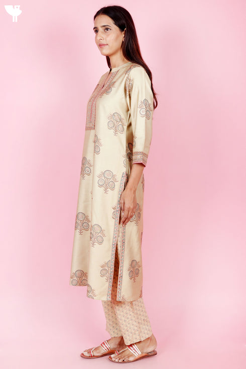 Tussar Cotton Kurta Pant And Dupatta Set In Block Print