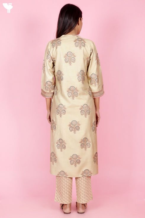 Tussar Cotton Kurta Pant And Dupatta Set In Block Print