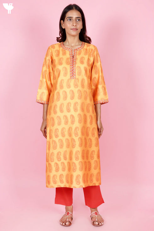 Tussar Cotton Kurta Pant And Dupatta Set In Block Print