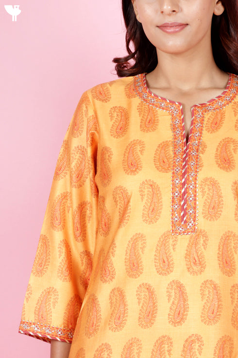 Tussar Cotton Kurta Pant And Dupatta Set In Block Print