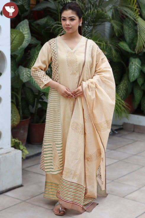 Chanderi Silk Kurta Pant And Dupatta Set With Gold Block Print