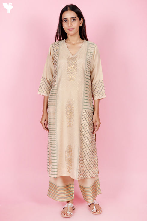 Chanderi Silk Kurta Pant And Dupatta Set With Gold Block Print