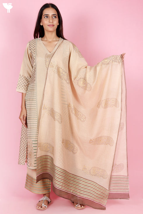 Chanderi Silk Kurta Pant And Dupatta Set With Gold Block Print