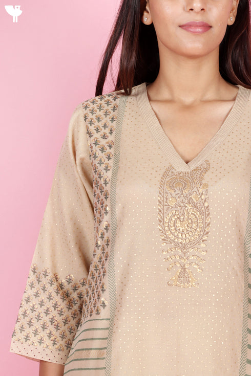 Chanderi Silk Kurta Pant And Dupatta Set With Gold Block Print