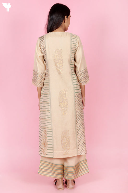Chanderi Silk Kurta Pant And Dupatta Set With Gold Block Print