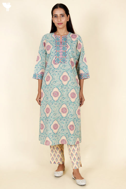 Cambric Cotton Kurta Pant Set With Kota Dupatta In Block Print