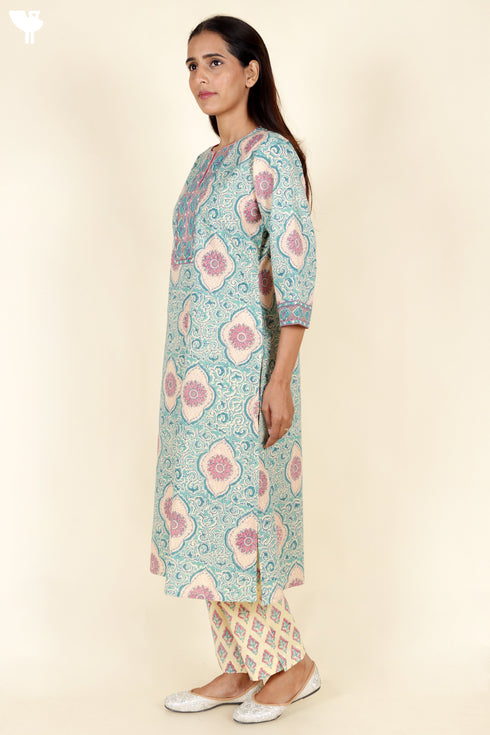 Cambric Cotton Kurta Pant Set With Kota Dupatta In Block Print