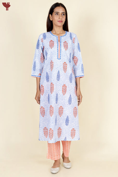 Cambric Cotton Kurta Pant With Dupatta In Block Print