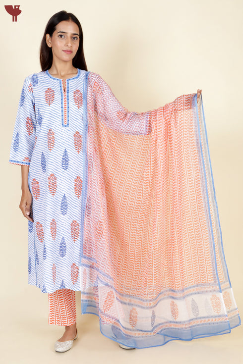 Cambric Cotton Kurta Pant With Dupatta In Block Print