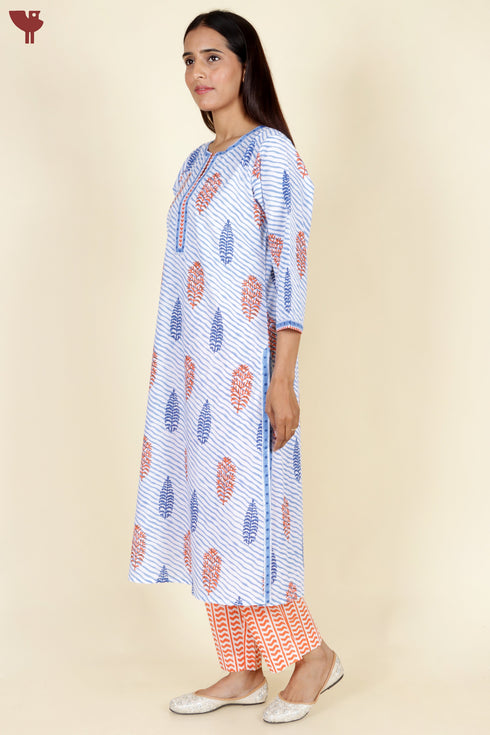 Cambric Cotton Kurta Pant With Dupatta In Block Print