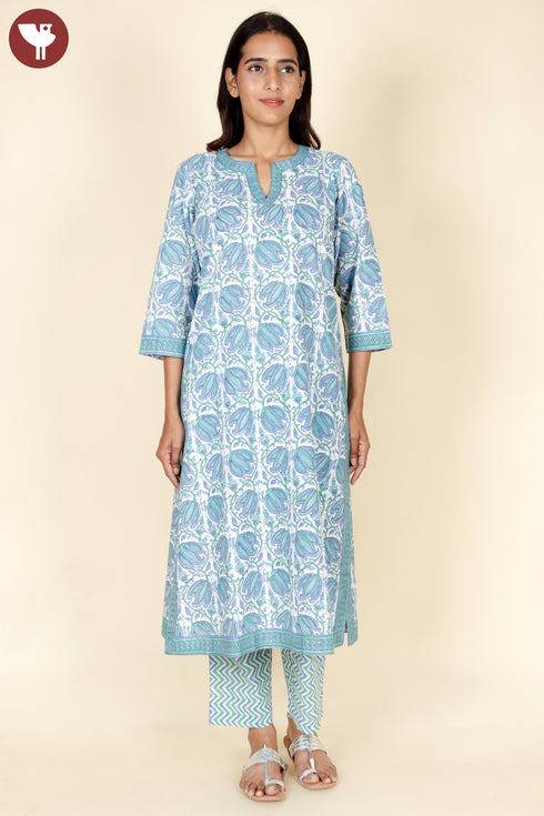 Cambric Cotton Kurta Pant With Dupatta In Floral Block Print