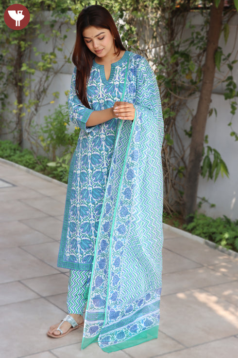 Cambric Cotton Kurta Pant With Dupatta In Floral Block Print