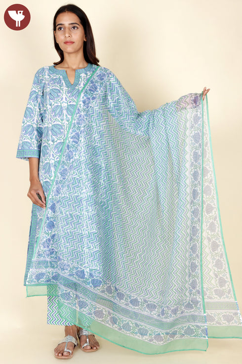 Cambric Cotton Kurta Pant With Dupatta In Floral Block Print