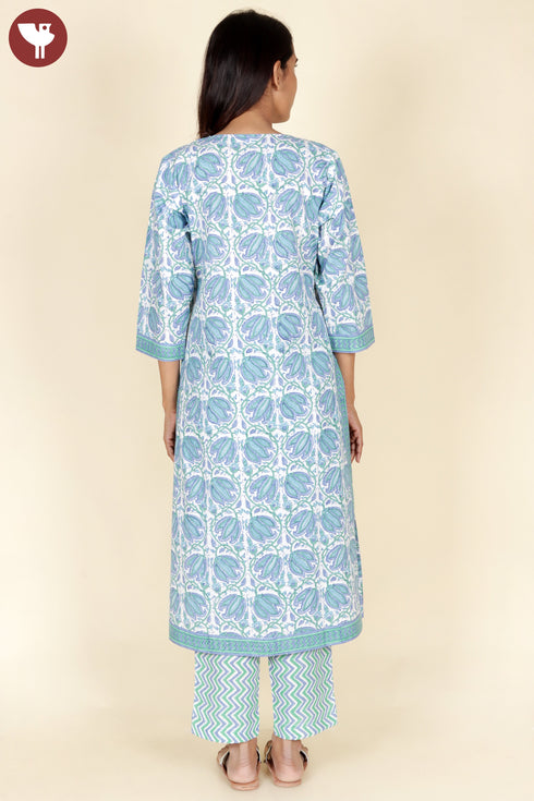 Cambric Cotton Kurta Pant With Dupatta In Floral Block Print