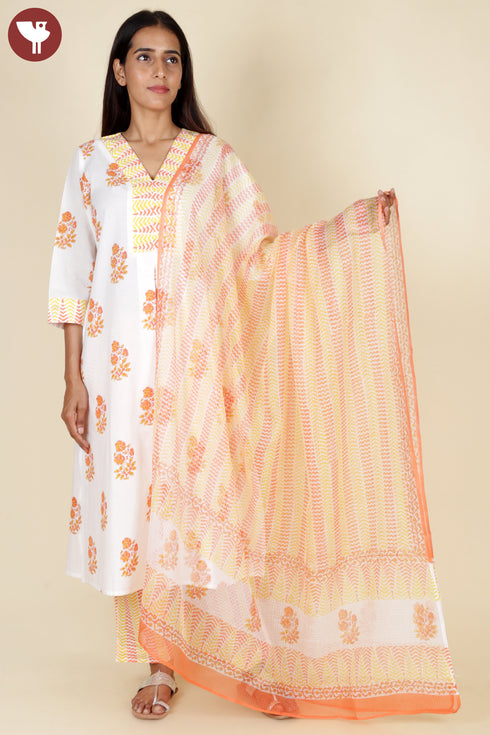 Cambric Cotton Kurta Pant With Dupatta In Floral Block Print