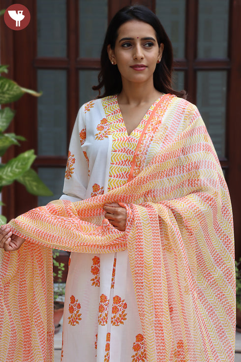 Cambric Cotton Kurta Pant With Dupatta In Floral Block Print