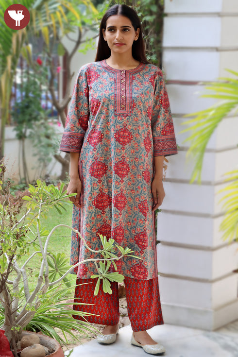 Cambric Cotton Kurta And Pant Set In Block Print