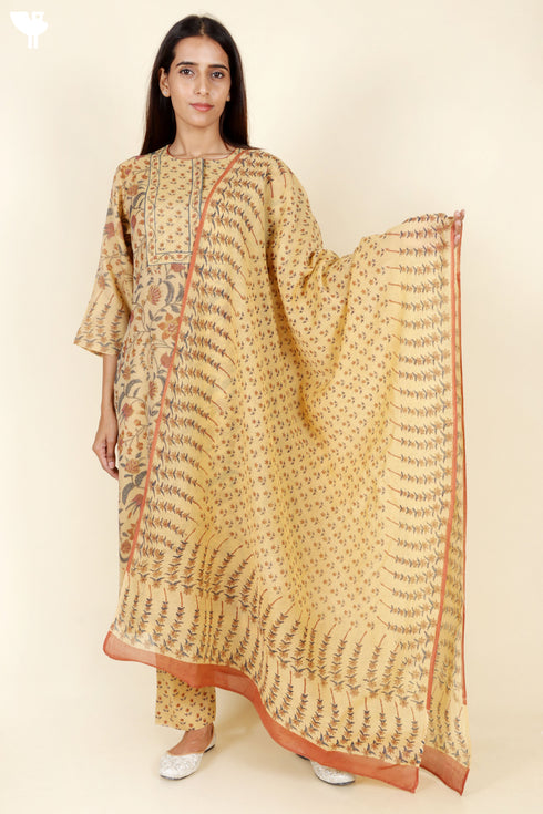 Chanderi Silk Kurta Pant And Dupatta Set With Block Print